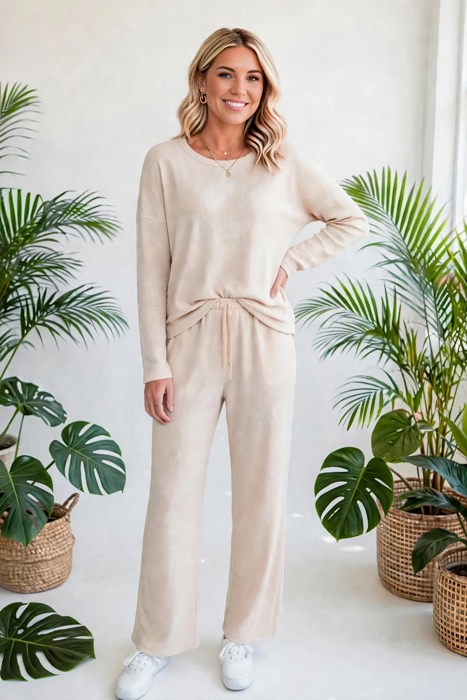 Textured Long Sleeve Tops and Pants Lounge Set | S-2XL
