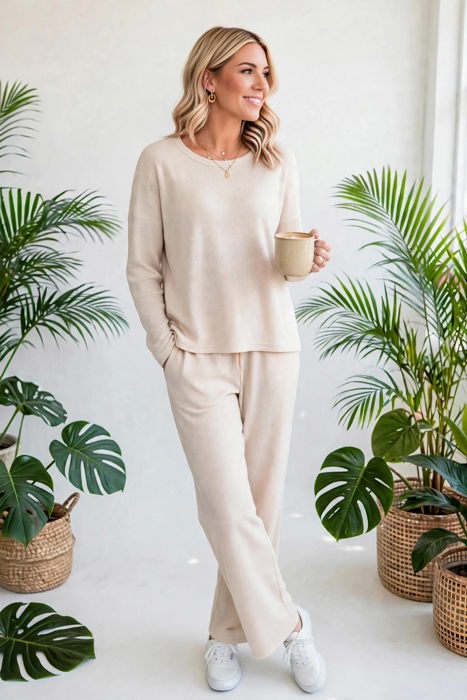 Textured Long Sleeve Tops and Pants Lounge Set | S-2XL