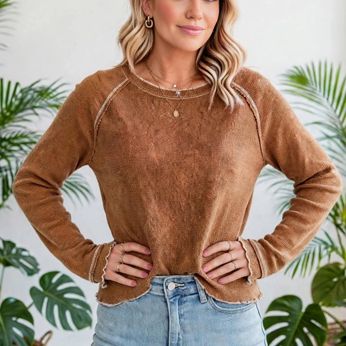 Textured Round Neck Long Sleeve Top | Free Shipping