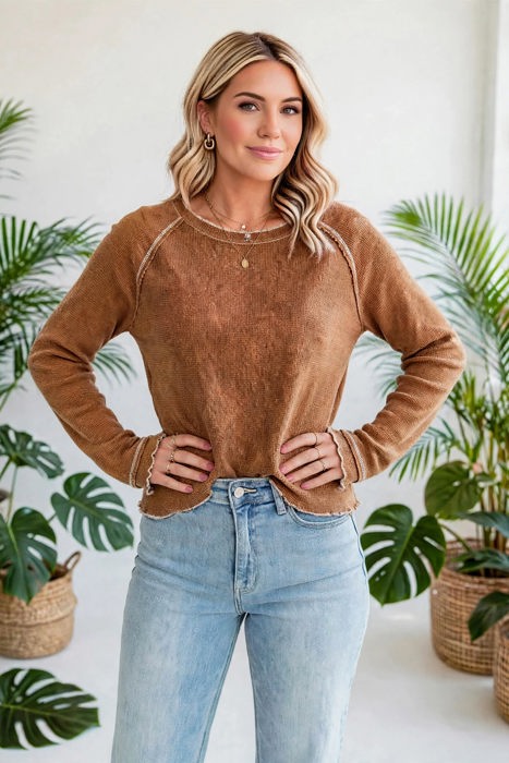 Textured Round Neck Long Sleeve Top | Free Shipping