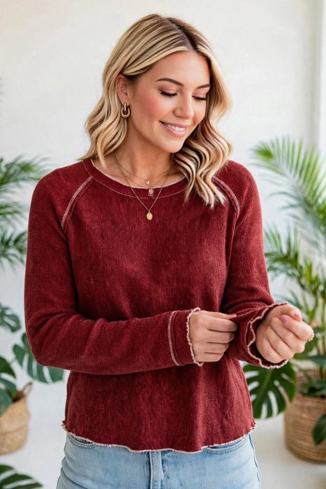 Textured Round Neck Long Sleeve Top | Free Shipping