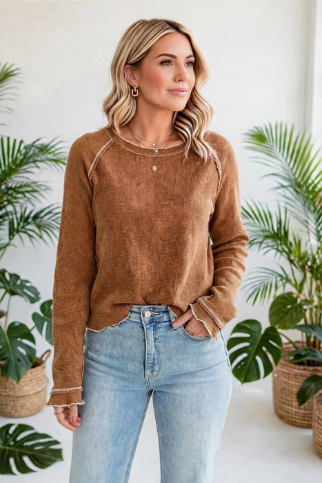 Textured Round Neck Long Sleeve Top | Free Shipping