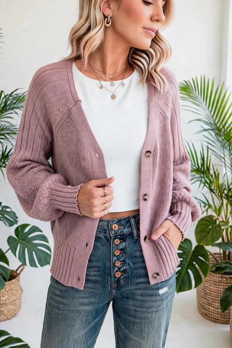 Celeste Texture Knit Button V Neck Cardigan | S-XL