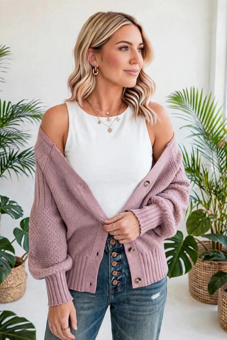 Celeste Texture Knit Button V Neck Cardigan | S-XL