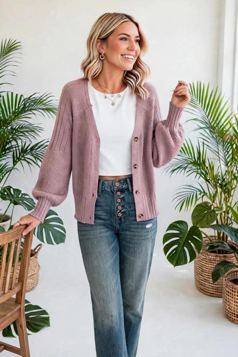 Celeste Texture Knit Button V Neck Cardigan | S-XL