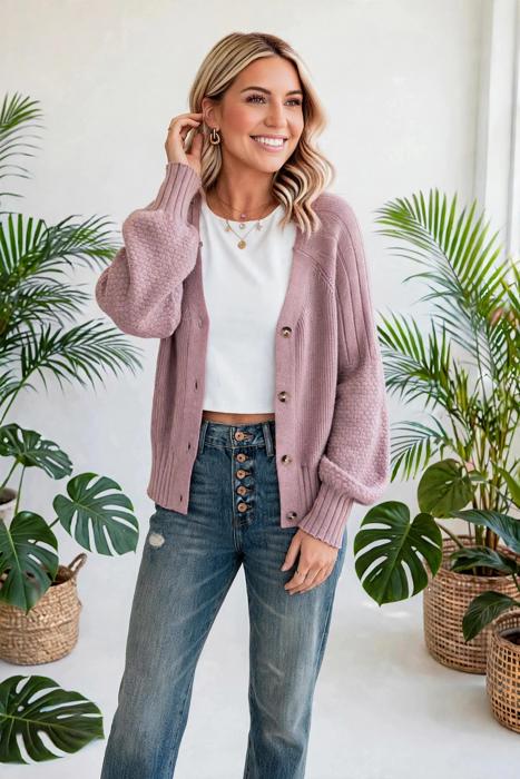 Celeste Texture Knit Button V Neck Cardigan | S-XL