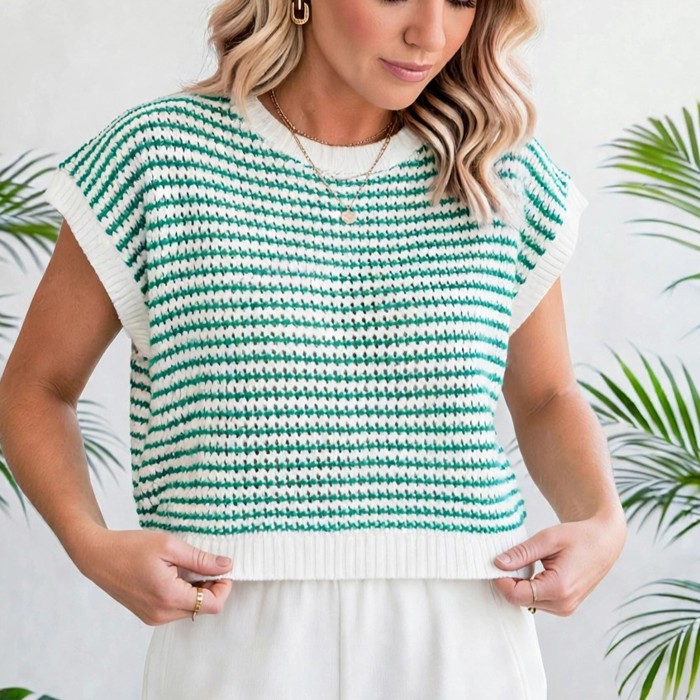 Elara Striped Ribbed Trim Loose Fit Knitted Vest | S-XL