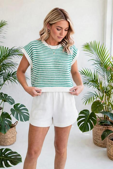 Elara Striped Ribbed Trim Loose Fit Knitted Vest | S-XL