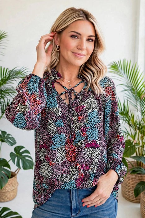Vibrant Floral Tie V-Neck Blouse | Free Shipping