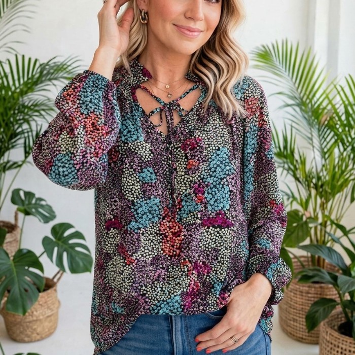 Vibrant Floral Tie V-Neck Blouse | Free Shipping