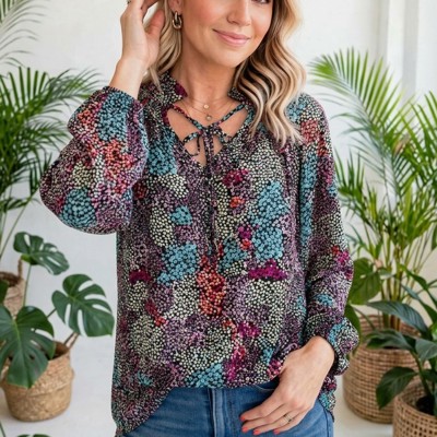 Vibrant Floral Tie V-Neck Blouse | Free Shipping