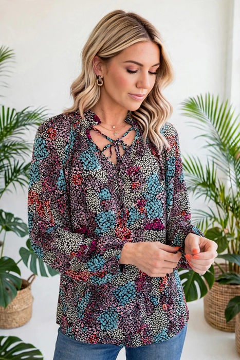 Vibrant Floral Tie V-Neck Blouse | Free Shipping