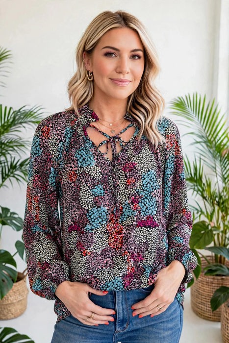 Vibrant Floral Tie V-Neck Blouse | Free Shipping