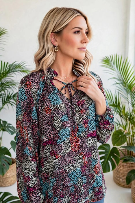 Vibrant Floral Tie V-Neck Blouse | Free Shipping