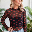  Valentines Heart Printed Sheer Mesh Long Sleeve Top | S-XL