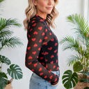  Valentines Heart Printed Sheer Mesh Long Sleeve Top | S-XL