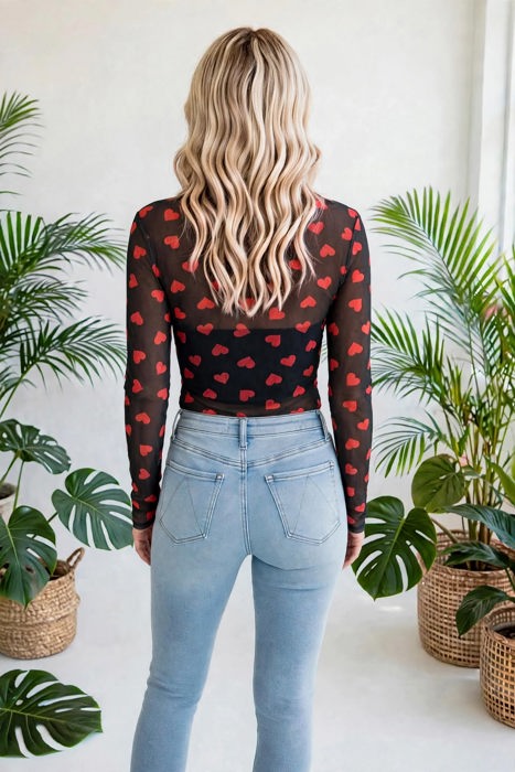 Valentines Heart Printed Sheer Mesh Long Sleeve Top | S-XL