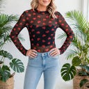  Valentines Heart Printed Sheer Mesh Long Sleeve Top | S-XL