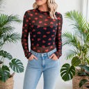  Valentines Heart Printed Sheer Mesh Long Sleeve Top | S-XL