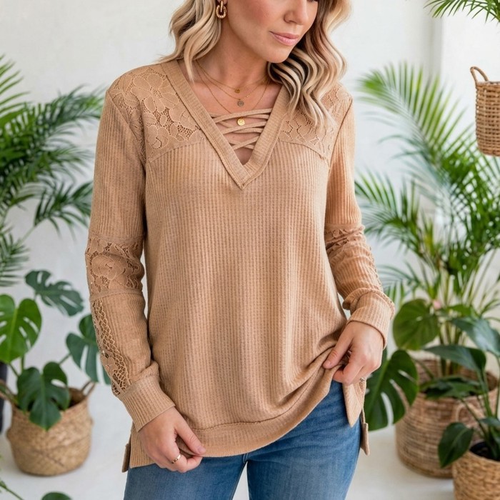 Waffle And Floral Lace Long Sleeve Top | S-XL