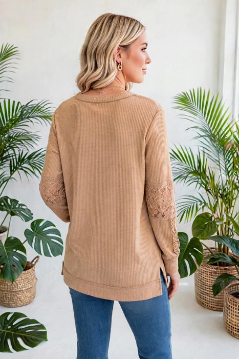 Waffle And Floral Lace Long Sleeve Top | S-XL