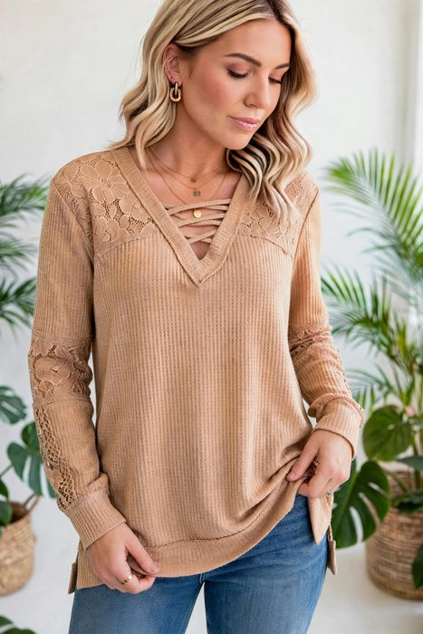 Waffle And Floral Lace Long Sleeve Top | S-XL