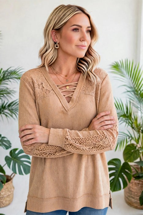 Waffle And Floral Lace Long Sleeve Top | S-XL
