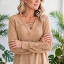  Waffle And Floral Lace Long Sleeve Top | S-XL