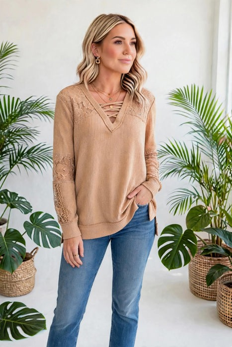 Waffle And Floral Lace Long Sleeve Top | S-XL