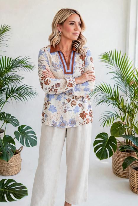 Floral Colorblock V-Neck Blouse | S-XL