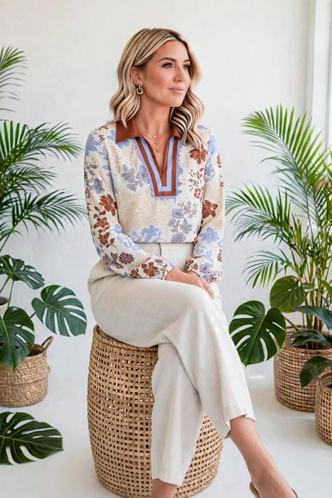 Floral Colorblock V-Neck Blouse | S-XL