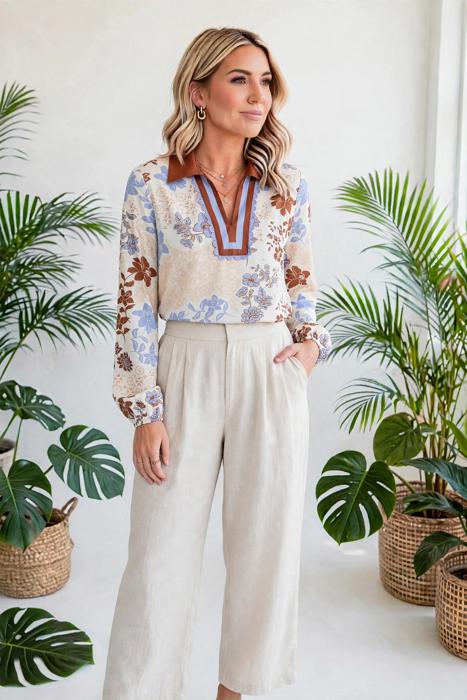 Floral Colorblock V-Neck Blouse | S-XL