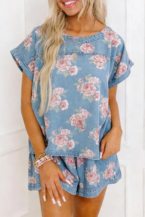 Denim Detail Floral 2pcs Set | S-XL