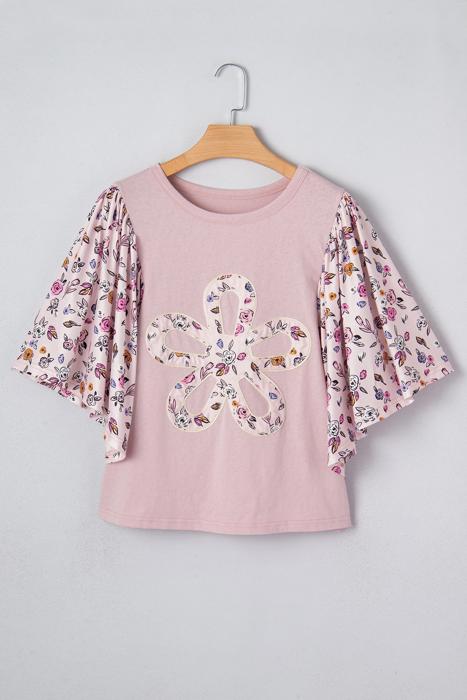 Contrast Floral Patchwork Flowy Half-Sleeve Blouse | S-XL