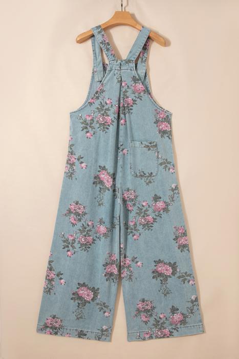 Pleated Floral High-Waist Wide-Leg Denim Jumpsuit | S-XL