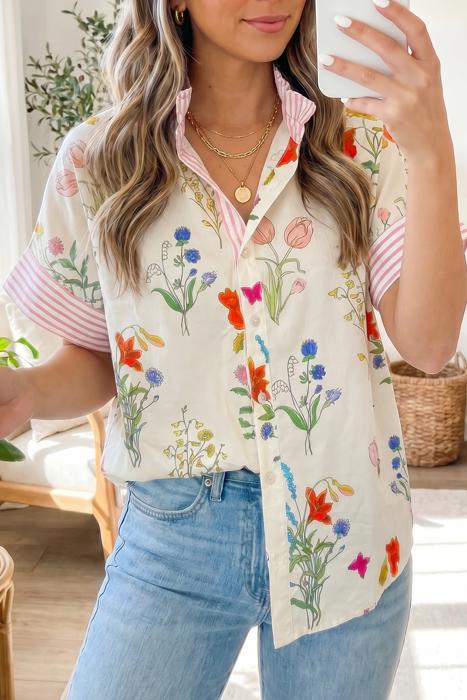 Floral Striped Patchwork Ruffled Collar Shirt | S-XL