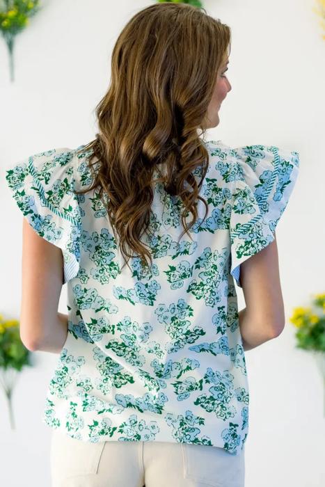Floral Contrast Stripe Trim Blouse | S-XL
