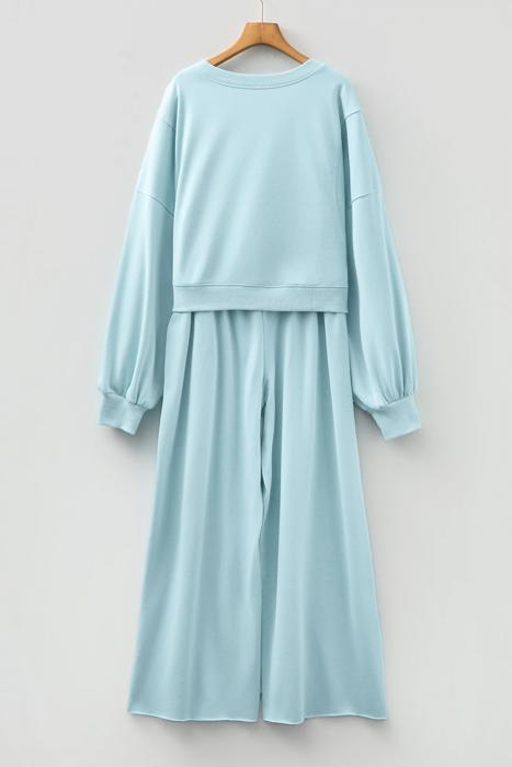 Drop Shoulder Puff Sleeve Cropped Pullover Pants Set | S-XL