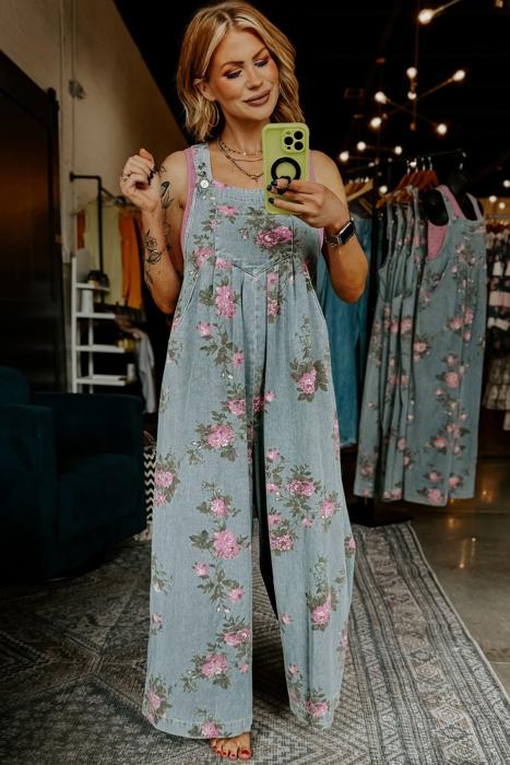 Pleated Floral High-Waist Wide-Leg Denim Jumpsuit | S-XL