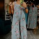  Pleated Floral High-Waist Wide-Leg Denim Jumpsuit | S-XL