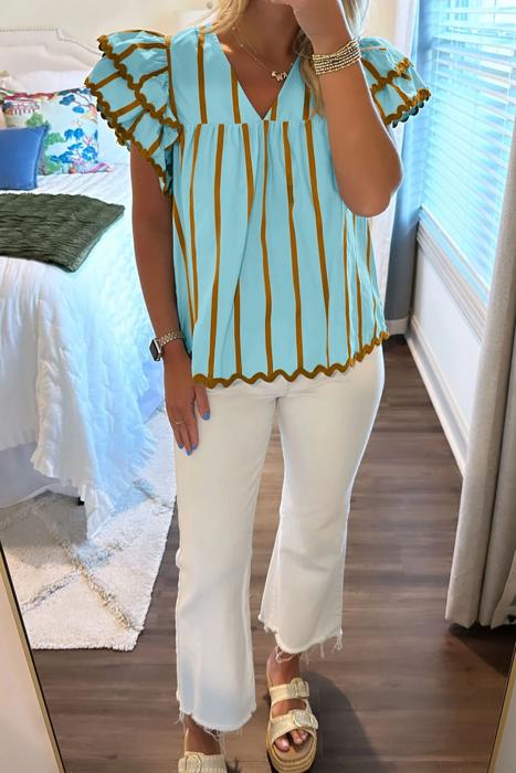 Double Ruffled Sleeve Striped Blouse | S-XL