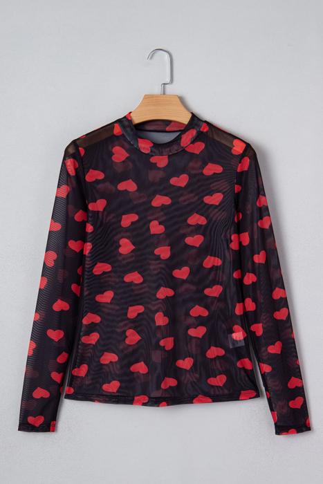 Valentines Heart Printed Sheer Mesh Long Sleeve Top | S-XL