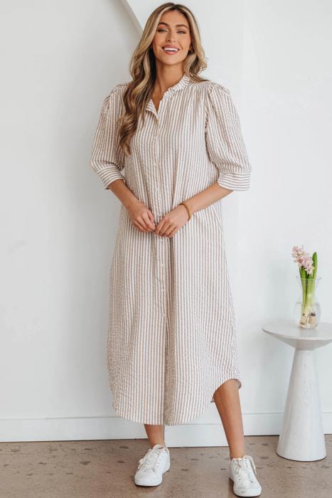 Striped Collar Half Sleeve Shirt Maxi Dress | S-XL