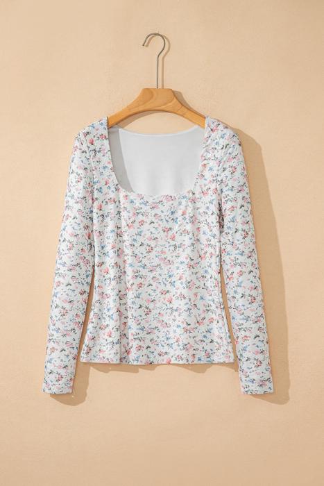 Floral Print Textured Square Neck Long Sleeve Top | S-XL