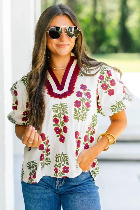 Sweet Bloom Contrast Bubble Sleeve Top  | S-XL