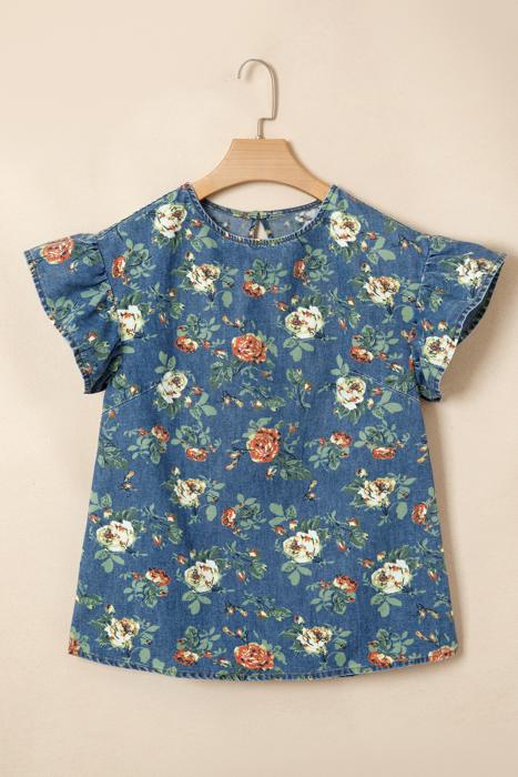 Casual Floral Denim Puff Sleeve Top | S-XL