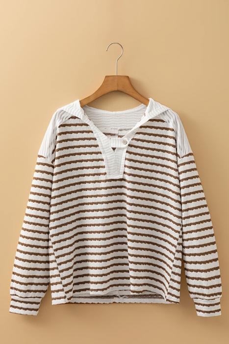 Striped Textured Hooded V-Neck Long Sleeve Top | S-XL