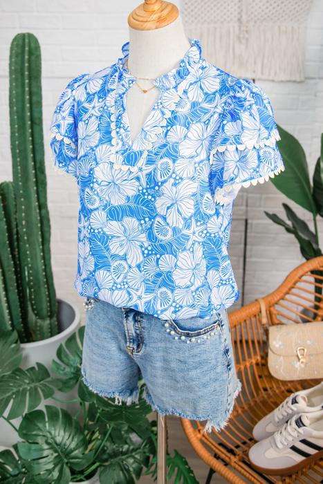 Ocean Bloom Collared Scallop Trim Blouse | S-XL