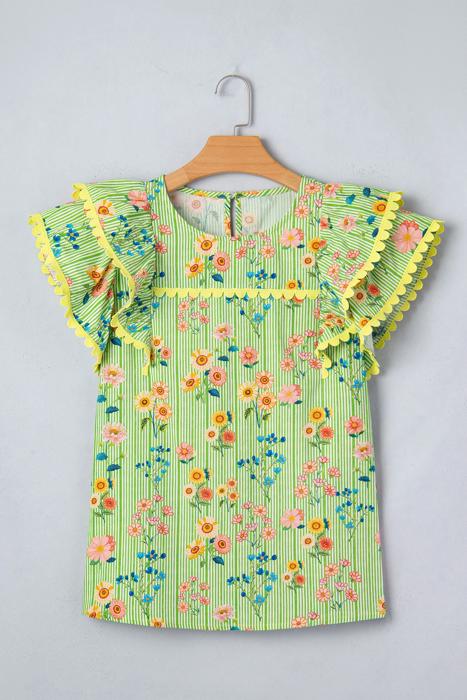 Stripe Floral Ruffle Sleeve Top | S-XL