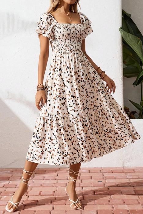 Ditsy Floral Print Smocked Square Neck Mini Dress | S-XL